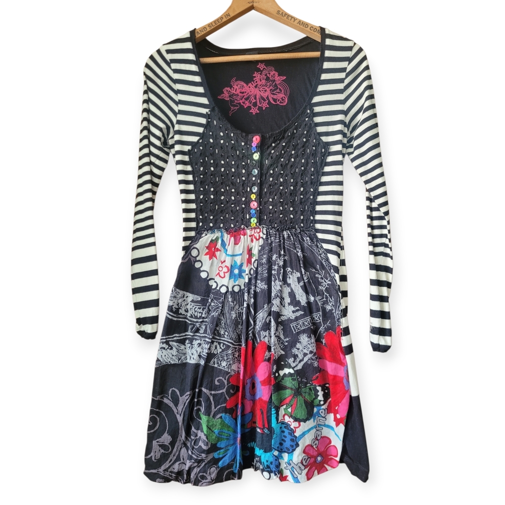 Desigual Eclectic Mashup Patchwork Floral And Striped Floral Dress Fits Small